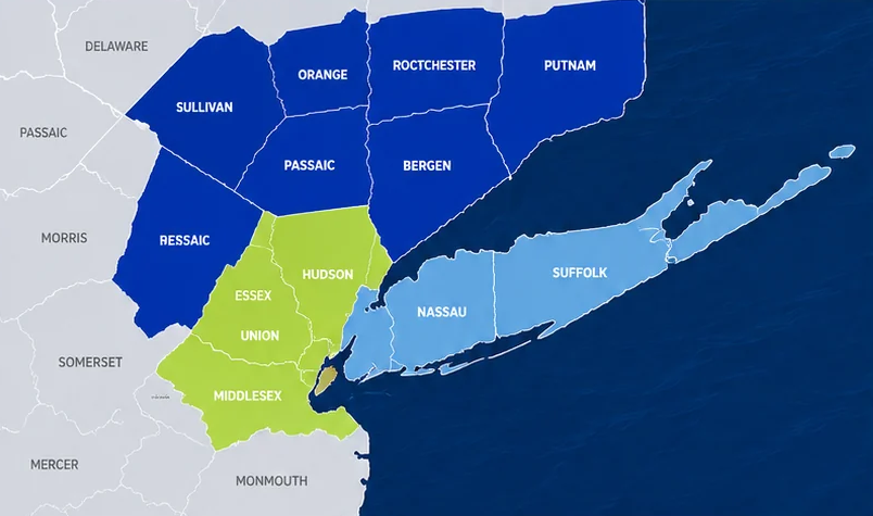 Longo Filters delivery zone map: Zone 1 Nassau and Suffolk, Zone 2 northern New Jersey, Zone 3 Hudson Valley and upstate counties